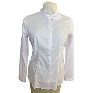 Delta Airlines Uniform Blouse Pink Hidden Button Snap Bow Neck Sz. 8